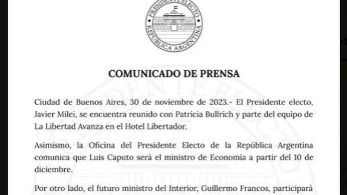 El comunicado sobre el encuentro entre Javier Milei y Patricia Bullrich (Foto: "X" Presidente Electo Javier Milei). El comunicado sobre el encuentro entre Javier Milei y Patricia Bullrich (Foto: "X" Presidente Electo Javier Milei).