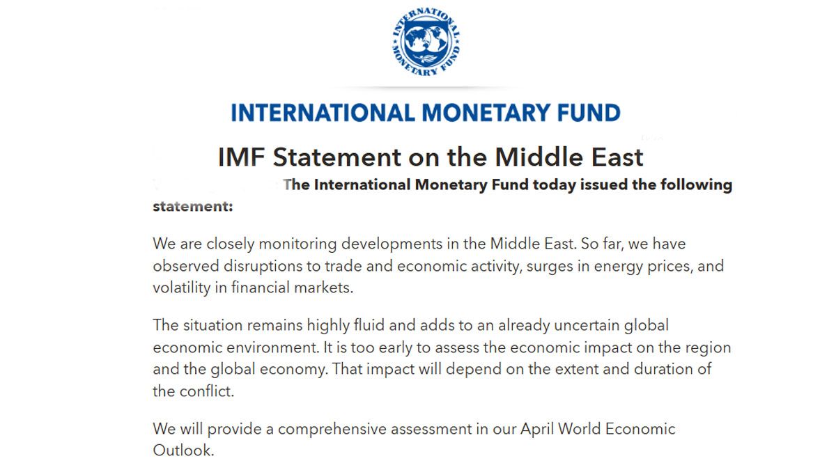 El comunicado del FMI sobre los efectos negativos de la guerra en Medio Oriente en la economía mundial. (Foto: FMI)
