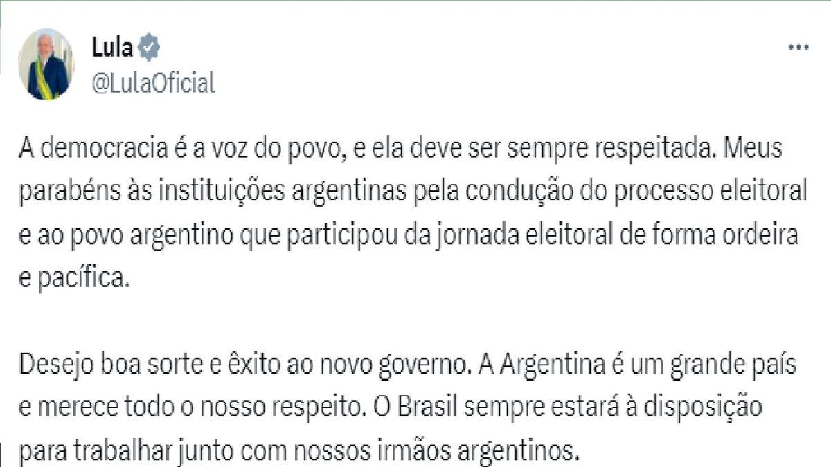 Lula da Silva, presidente de Brasil, uno de los primeros en saludar desde el exterior el triunfo de Javier Milei. (Foto: Cuenta de 