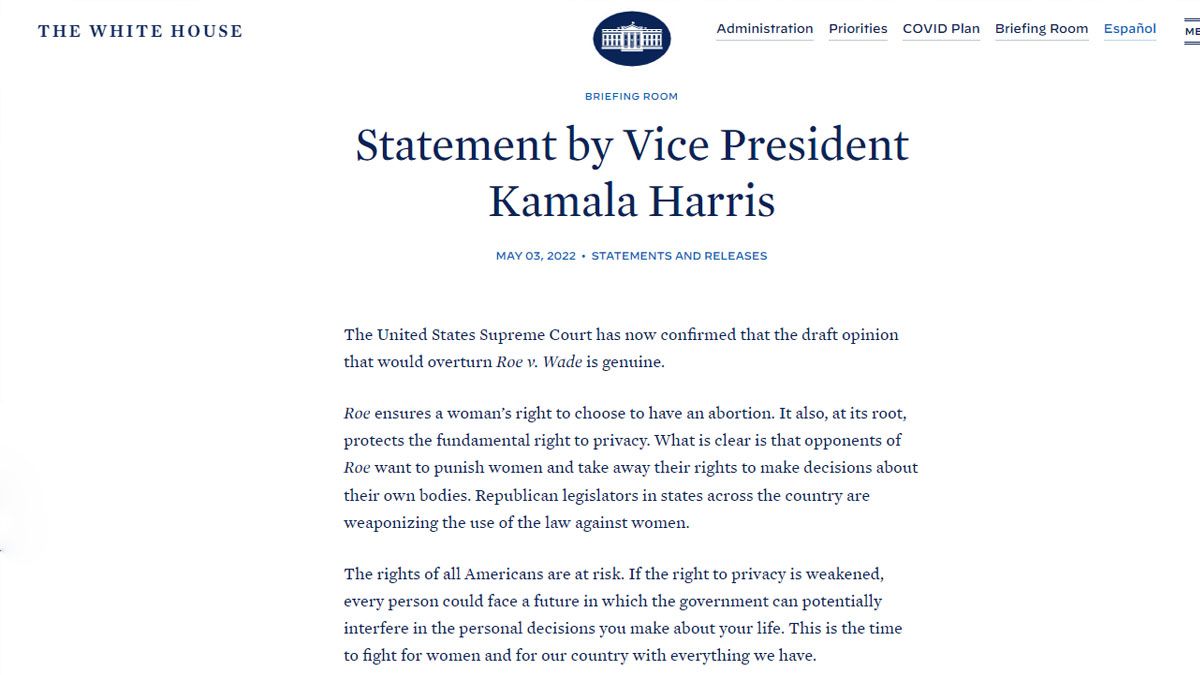Kamala Harris, vicepresidente de los Estados Unidos también se manifestó en contra del adelanto filtrado desde los despachos de la Corte Suprema sobre el derecho al aborto legal (Foto: La Casa Blanca)
