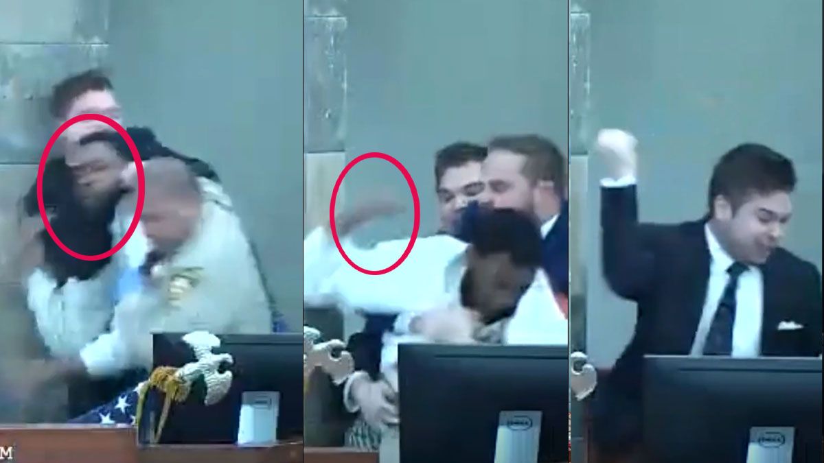 En la secuencia, el secretario de la juez y la policía pelean con el reo. Reoden le aplicó varias trompadas a un uniformado (Foto: captura de TV).