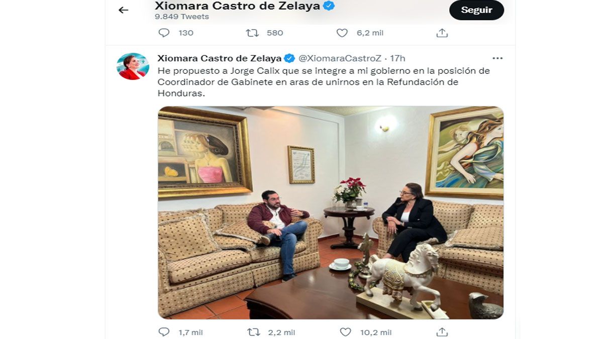 la presidenta electa Xiomara Castro le ofreció un cargo en el gobierno al diputado Calix para zanjar la división en el Congreso (Foto: cuenta de Twitter de Castro)
