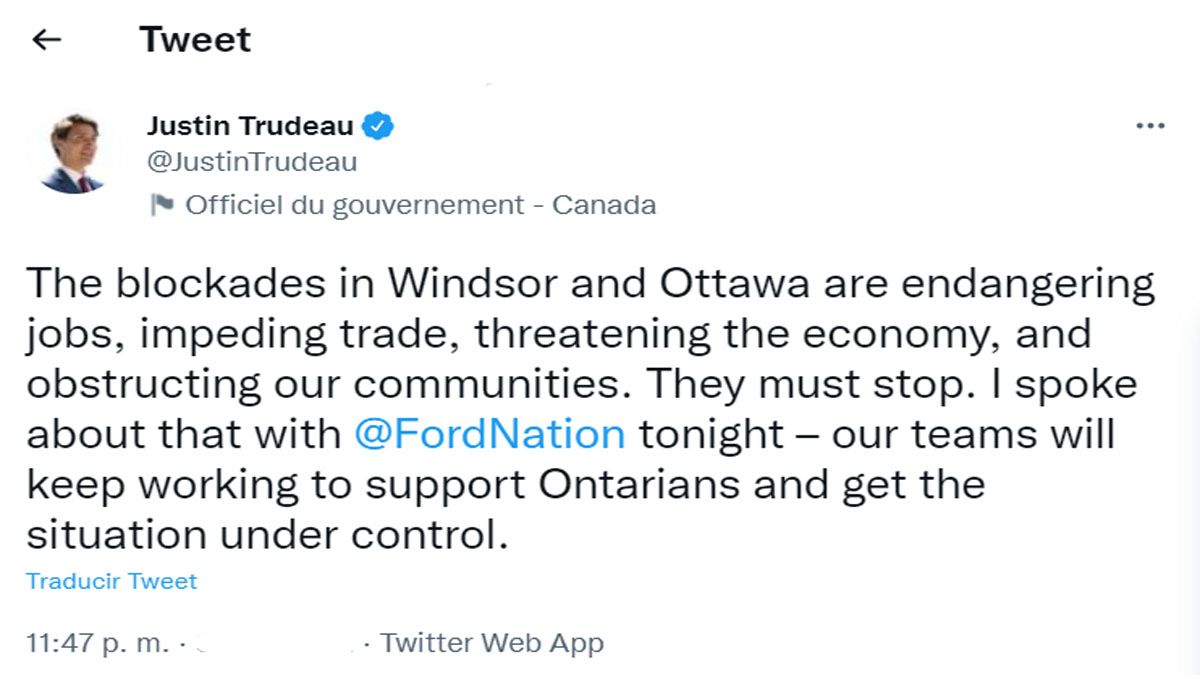Mensaje de Justin Trudeau contra los cortes y bloqueos de los camioneros que se extienden por Canadá (Foto: Cuenta de Twitter de Trudeau)