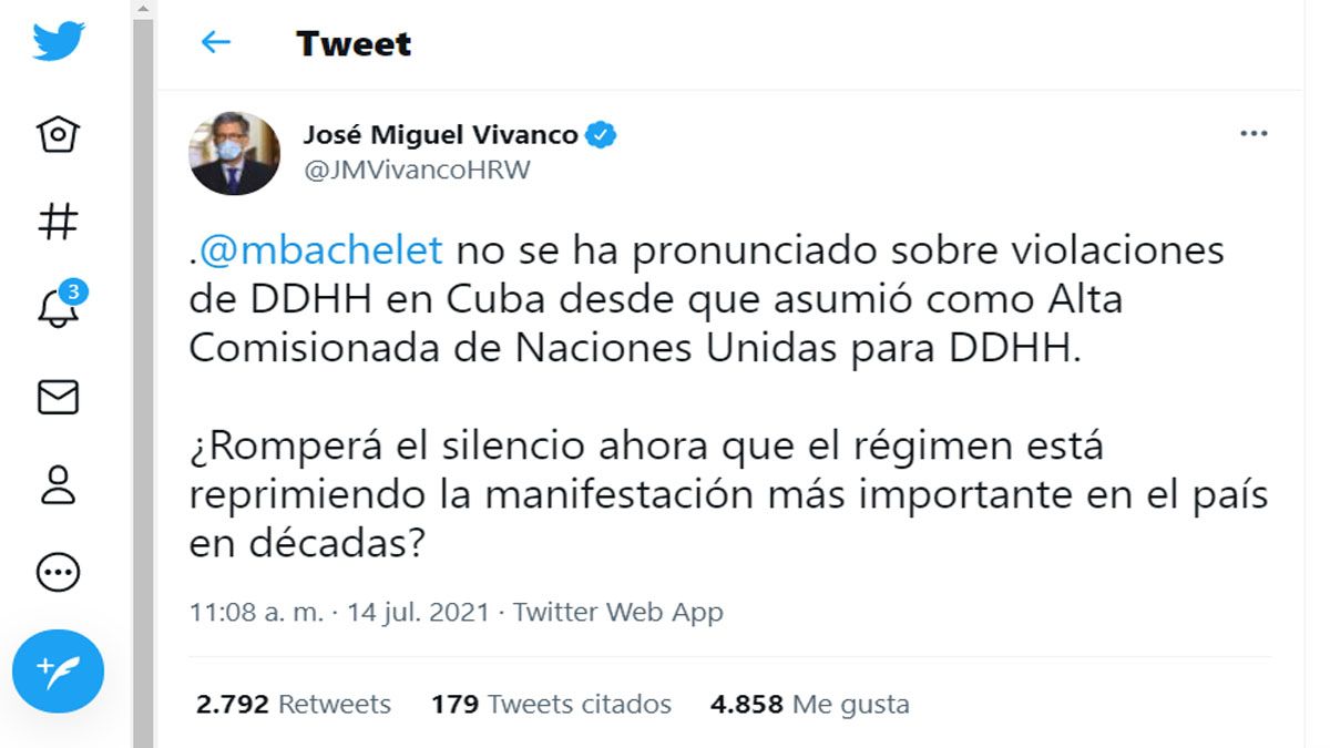 La ONG Human Rights Watch, crítico de la demora de Michelle Bachelet en pronunciarse sobre Cuba (Foto: cuenta oficial de Twitter)