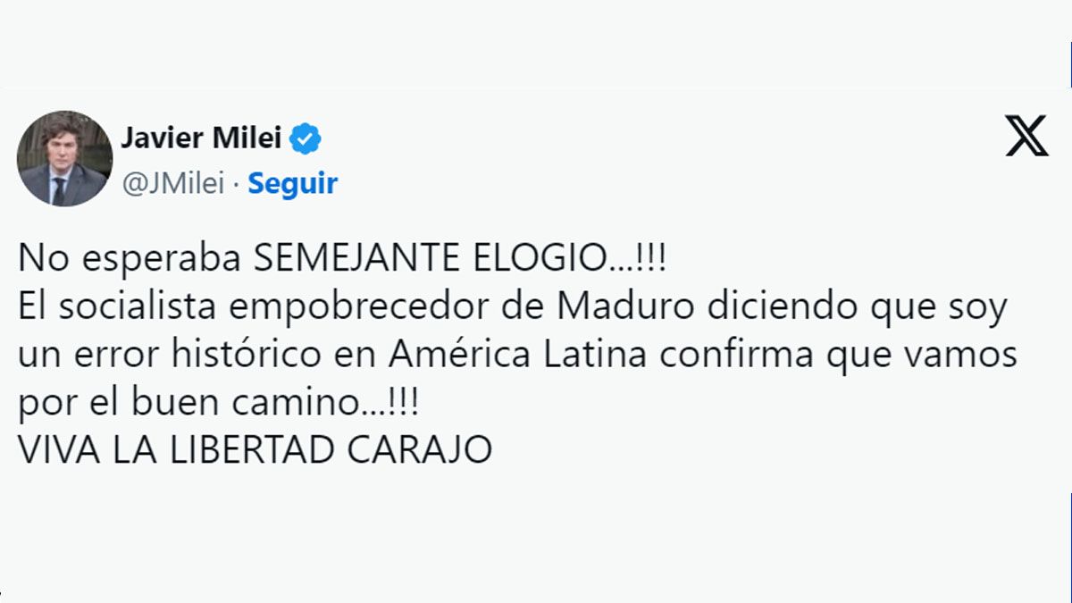 Por las redes sociales, Javier Milei salió al cruce del duro ataque que recibió de Nicolás Maduro. (Foto: Cuenta de 