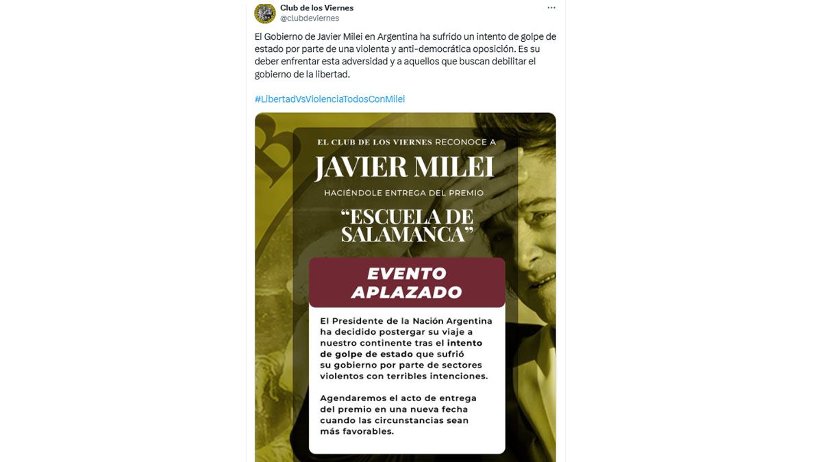 El mensaje que confirma la suspensión del viaje de Milei a España. (Foto: Cuenta de X de 