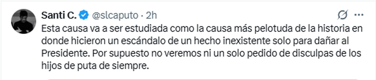 Santiago Caputo celebr&oacute; el fallo y calific&oacute; la investigaci&oacute;n como &ldquo;la causa m&aacute;s pelotuda de la historia&rdquo; en una publicaci&oacute;n en X. (Foto: captura X).