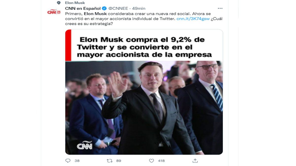 La noticia sobre el cambio de manos de Twitter, ahora en poder de Elon Musk, dio la vuelta al mundo (Foto: Cuenta de CNN en español)