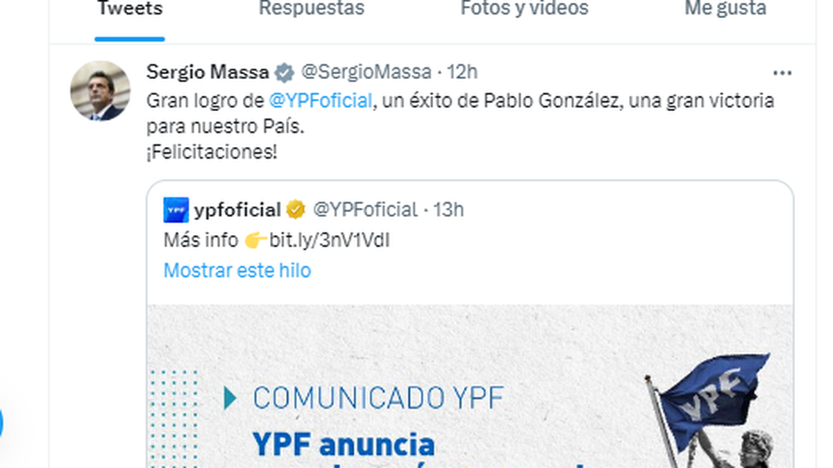 Acuerdo YPF: &nbsp;"Es una gran victoria para nuestro pa&iacute;s", consider&oacute; Sergio Massa.