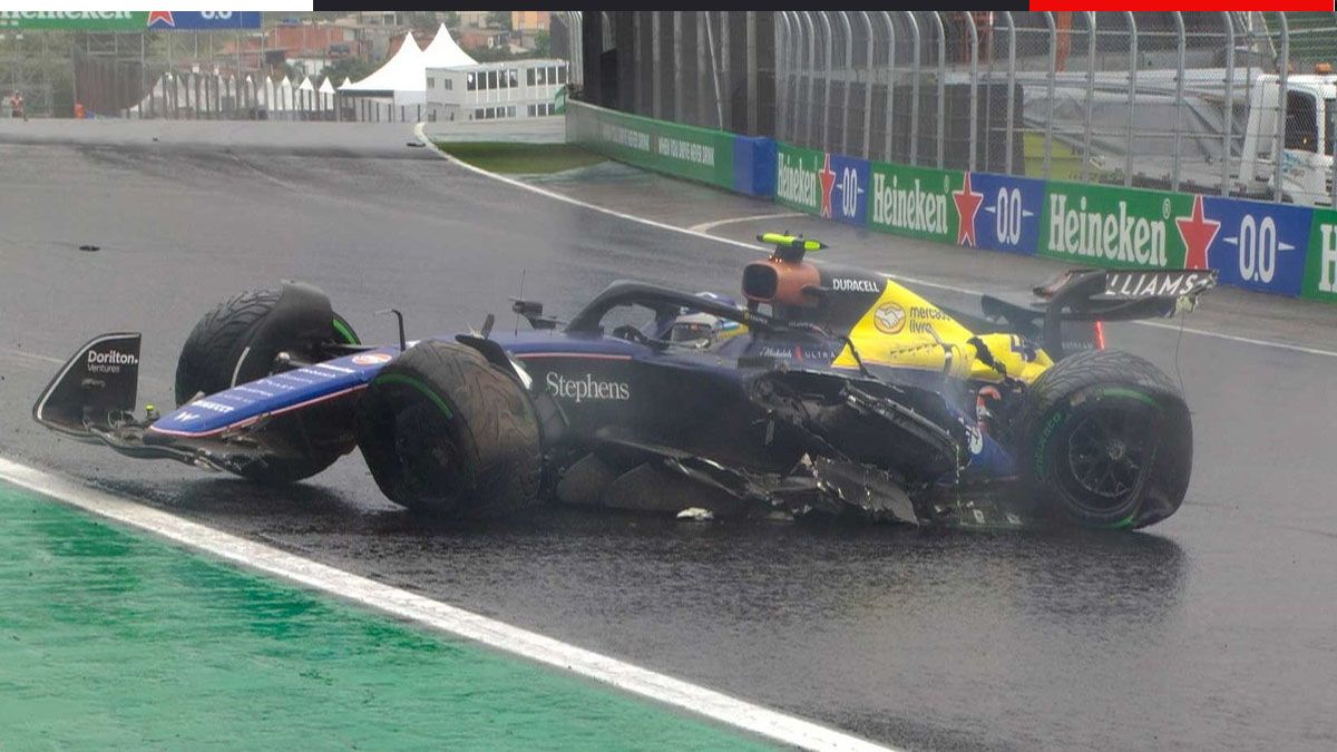 Con lluvia, el Williams de Colapinto destrozado en Brasil. Hay amenaza de lluvia en el GP de Bélgica. (Foto: Gentileza SoyMotor)