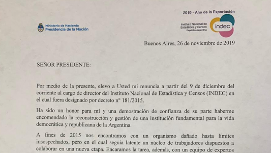 Todesca publicó en su cuenta de twitter la renuncia al Indec a partir del 9 de diciembre