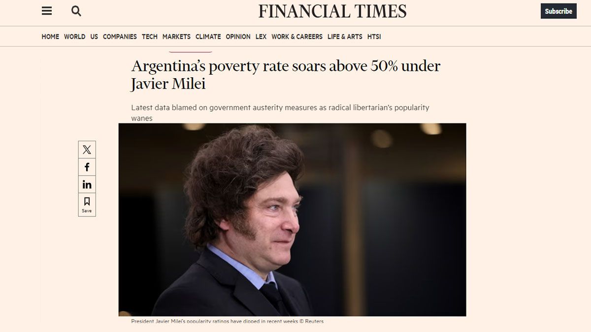 El crudo análisis del Financial Times sobre la pobreza en la Argentina y el papel de Milei. (Foto: FT)