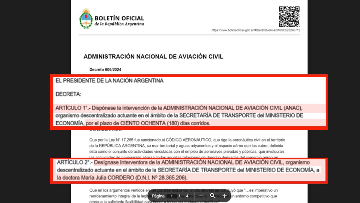 Fragemento del decreto del PEN por el que se interviene la Administraciol Nacional de la Aviación Civil. (Foto:Boletín Oficial)