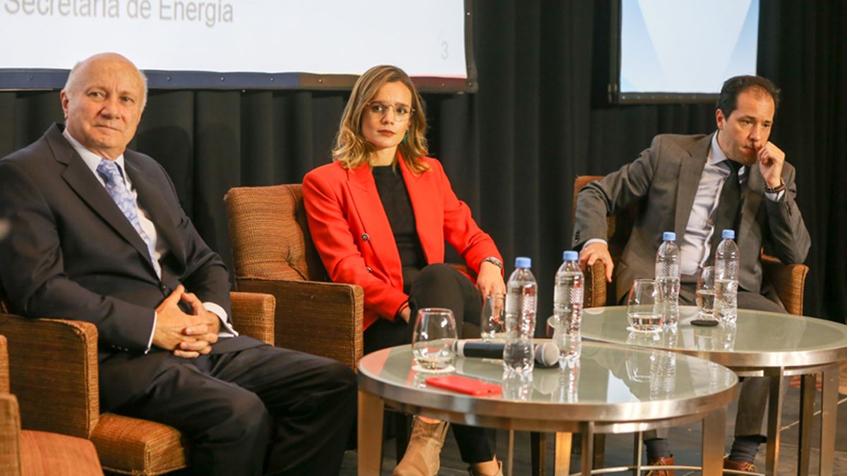 Experiencias en energías renovables: (izq. der.) Juan Carlos Cacciavillani, de IMPSA, y Fabiana Caroff, de ENARSA, junto al moderador del panel, en el seminario de Mendoza. (Foto ASAP)