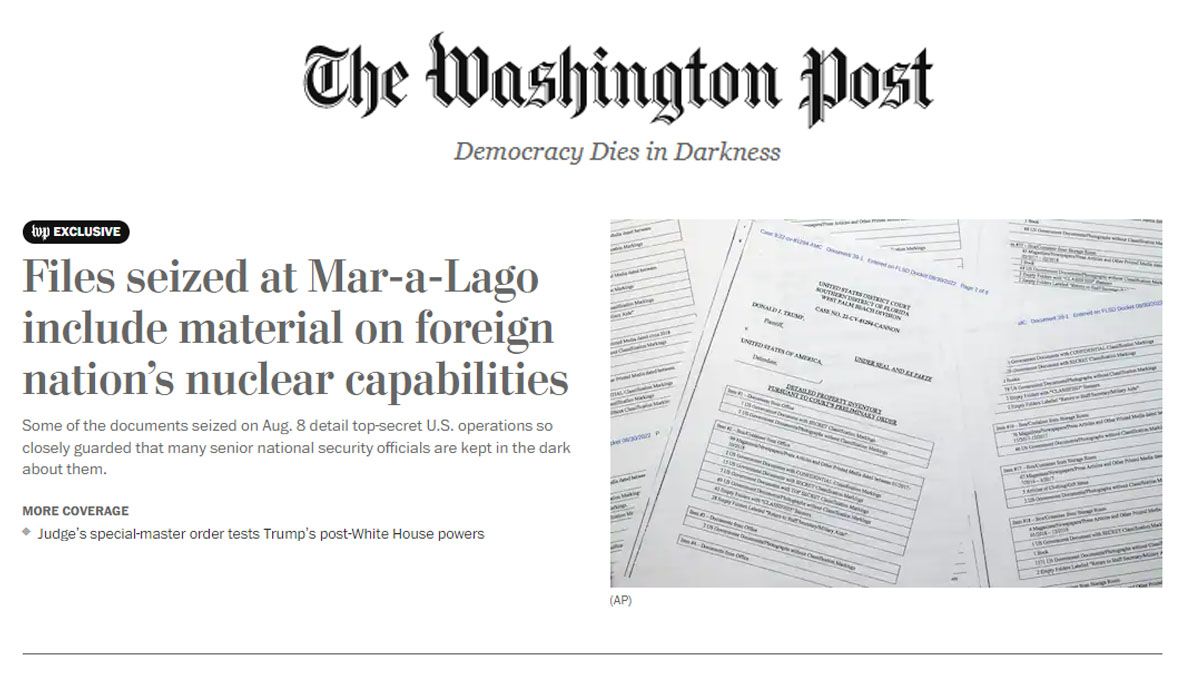 La portada del Washington Post con los documentos sobre capacidades nucleares de otras potencias, que Donald Trump sacó ilegalmente de la Casa Blanca (Foto: Gentileza Washington Post)