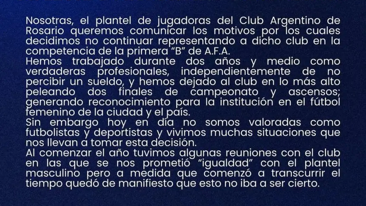 El duro comunicado del plantel. (Foto: Twitter)