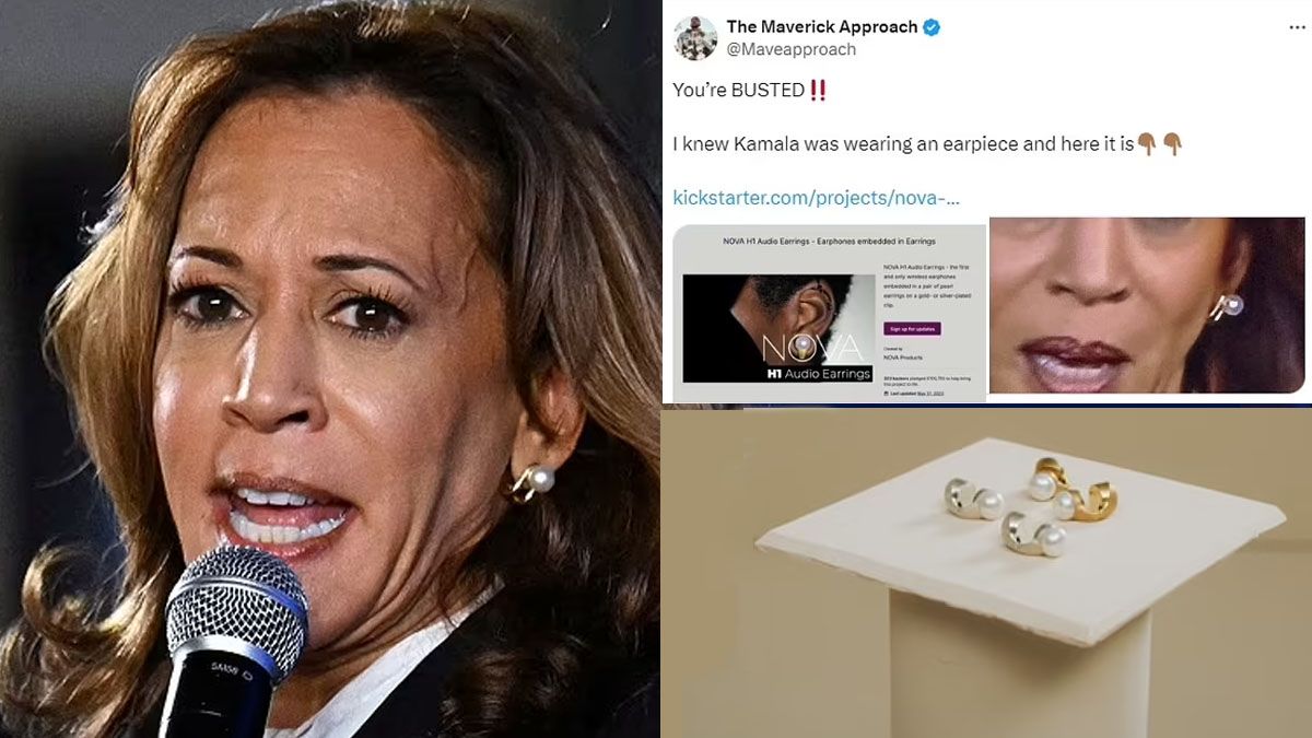 Trump se desempeñó tan mal ante Kamala Harris, que algunos creyeron ver aros con auriculares para ayudar a la vicepresidenta en el debate. (Foto: A24.com)