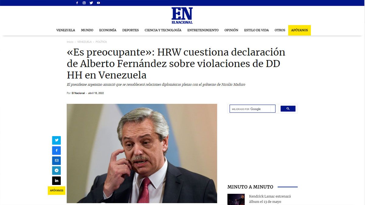 La prensa de Venezuela recogió las críticas a los dichos de Alberto Fernández (Foto: El Nacional)