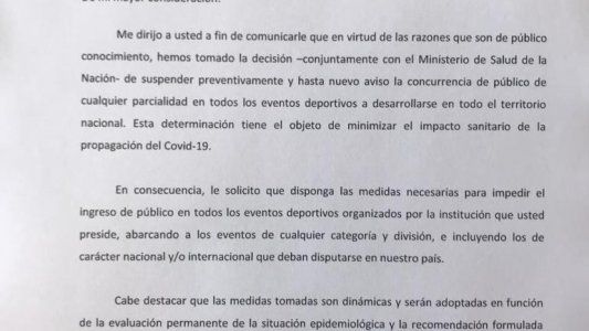 La carta de Lammens a Tapia donde le comunica que todo el fútbol en territorio argentino se jugará sin público