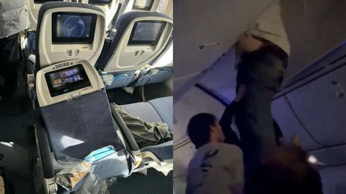 Turbulencia feroz: salió volando por el sacudón y terminó dentro del portaequipajes