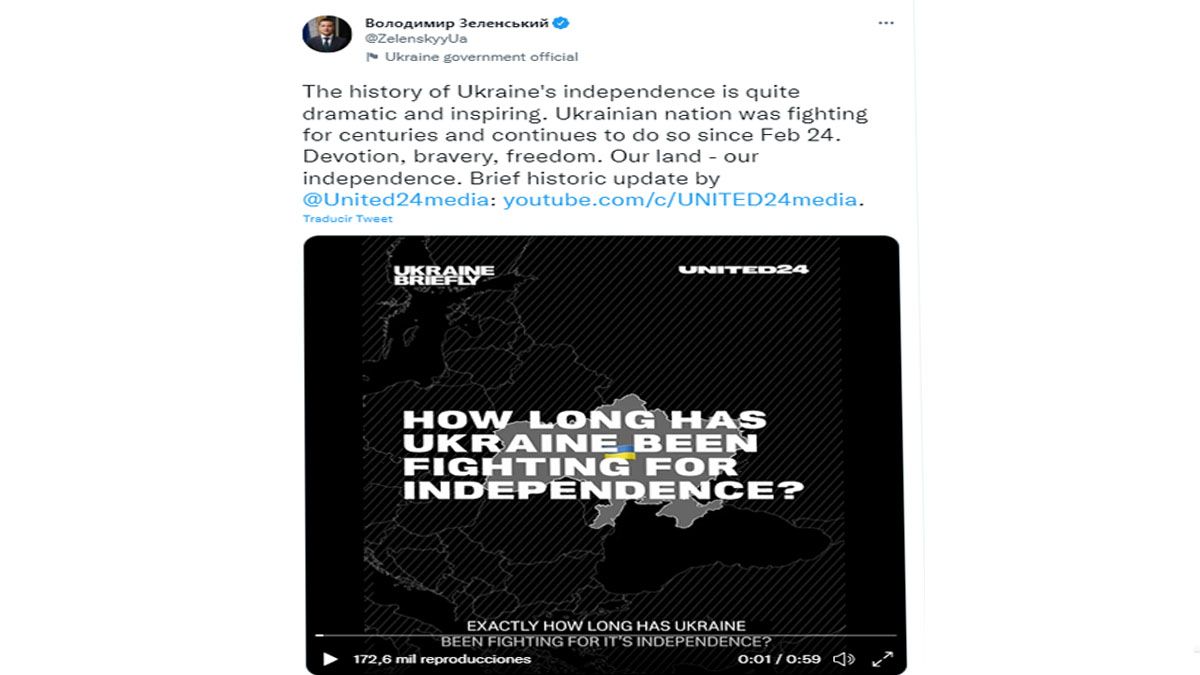 Mensaje de Volodímir Zelenzky por la independencia y los 6 meses en guerra. (Foto: Cuenta de Twitter de Volodímir Zelensky)