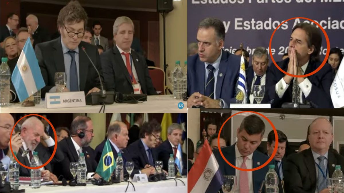 Rostros serios en los otros presidentes del Mercosur mientras escucharon el cr&iacute;tico discurso de Milei. (Foto: A24.com)