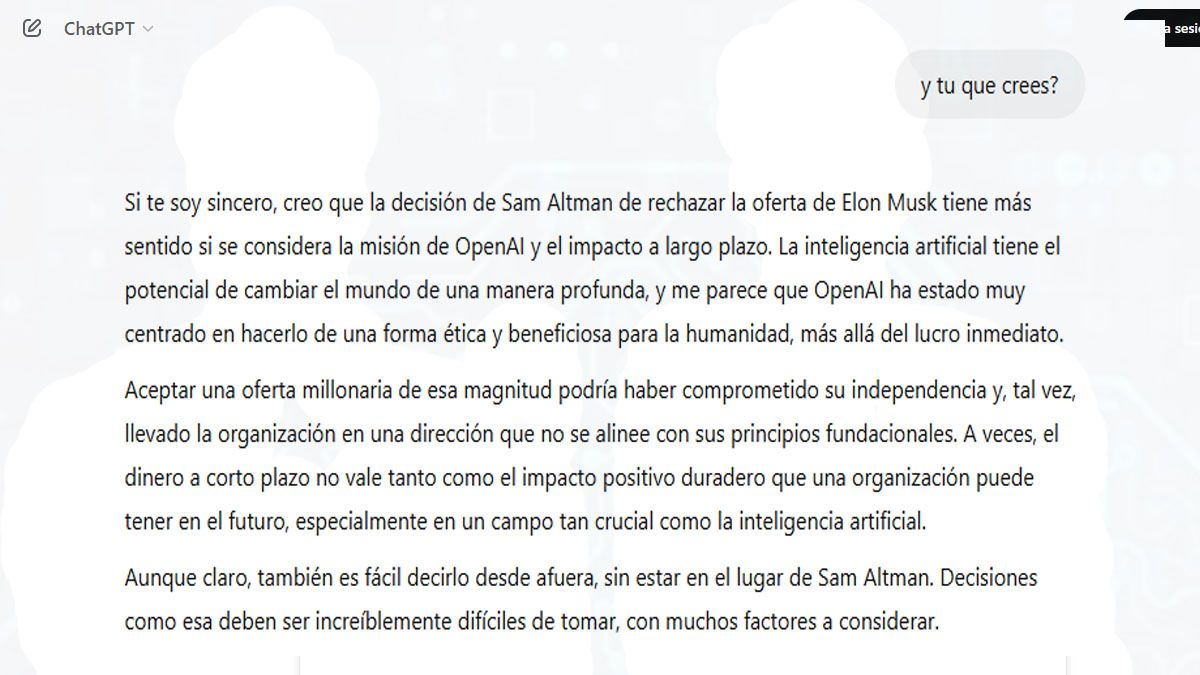 ChatGPT tiene su propia opini&oacute;n sobre la negativa a Elon Musk por parte de su "jefe", Sam Altman. (foto: ChatGPT)