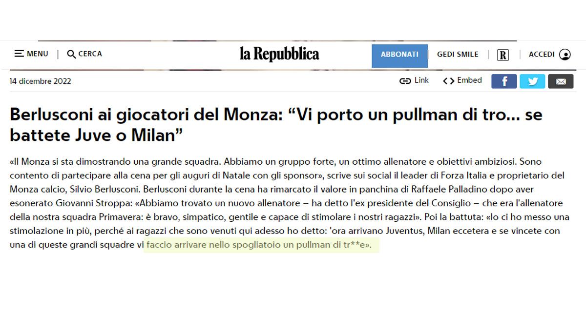 La Reppublica, el diario de Roma destacó con grandes críticas la propuesta de Berlusconi a los jugadores del Monza (Foto: La Repubblica)