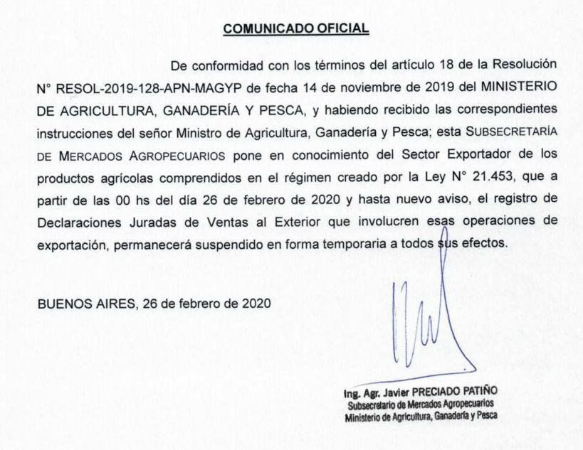 Por la inminente suba de retenciones, el Gobierno cerró los registros de exportación