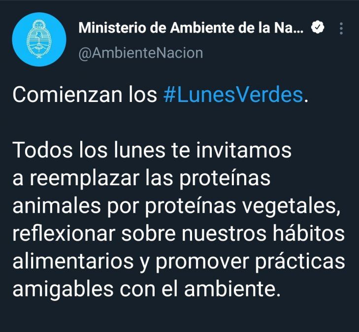 Captura del twit publicado el lunes a la noche para lanzar la campaña que apunta a reducir el consumo de carne.