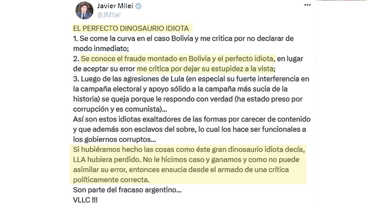 El curioso mensaje de Milei en el que habla de un "perfecto idiota" pero no lo identifica. (foto: Cuenta de X de Javier Milei)