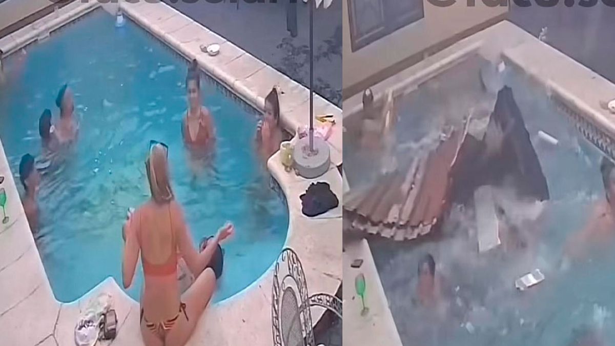Tormenta: El momento en que a una familia se les cae un techo de chapa encima mientras disfrutaban de la pileta