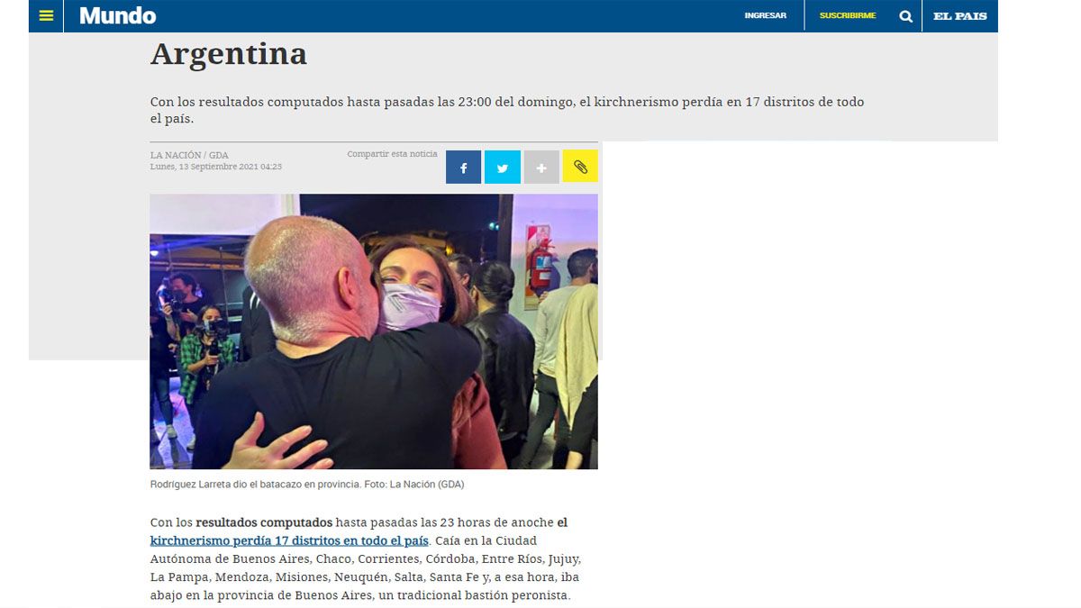 El País de Uruguay, con una foto del abrazo de Horacio Rodríguez Larreta con María Eugenia Vidal (Foto: El país de Uruguay)