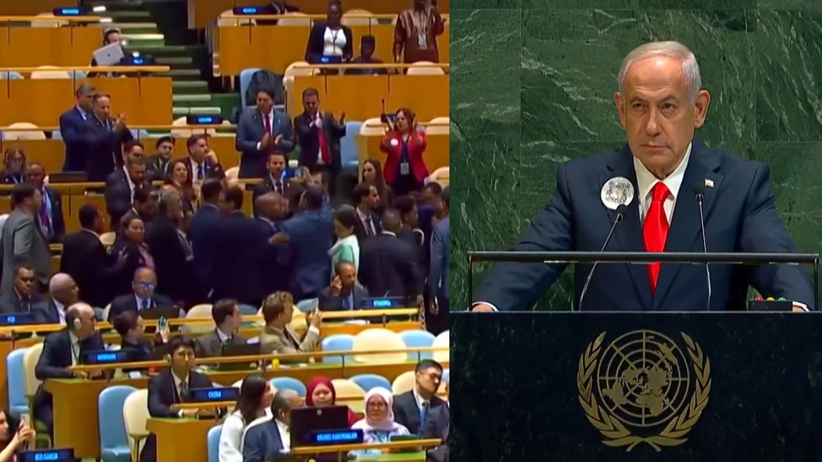 Los delegados de varios países se retiran ante la mirada atónita de Benjamín Netanyahu en la ONU. (Foto: A24.com)