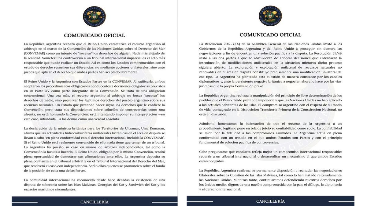Comunicado oficial de la Argentina - en castellano y en inglés - en respuesta al llamado a la embajadora de nuestro país en Londres por la decisión de ir a un arbitraje internacional por nuestros rescursos en la zona de Malvinas y el Atlántico Sur. (Foto: Cuenta de X de Quinto)
