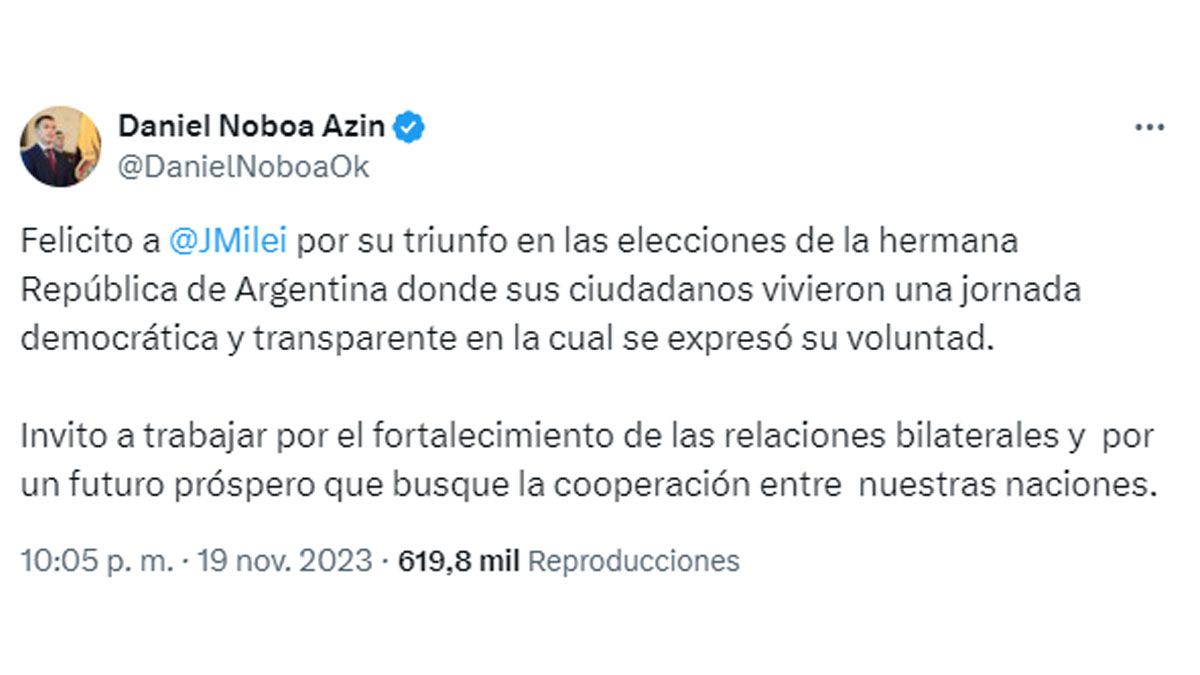 De aquél saludo a estas críticas. Daniel Noboa parece estar distanciado de Javier Milei. (Foto: cuenta de X de Noboa)
