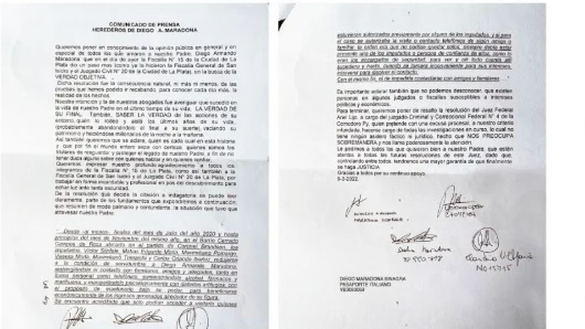 El escrito que difundieron los herederos de Diego Maradona exigiendo que se esclarezca la muerte del Diez.&nbsp;