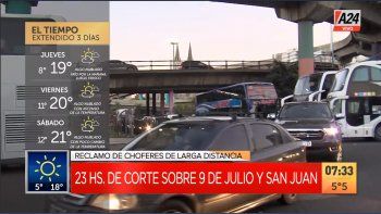 Demoras en el tránsito por el corte que llevan adelante los choferes de micros de larga distancia dedicados al turismo (Foto: captura TV). Demoras en el tránsito por el corte que llevan adelante los choferes de micros de larga distancia dedicados al turismo (Foto: captura TV).