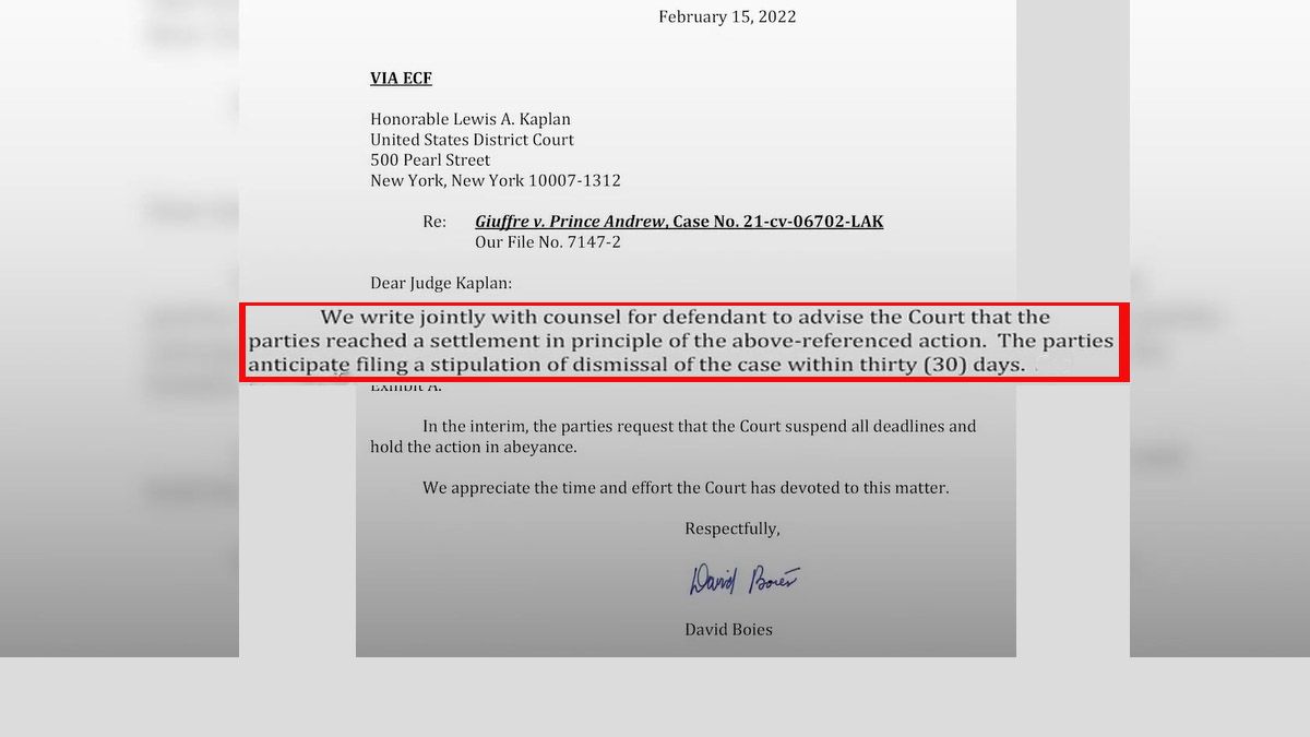 El texto de la carta en el juzgado de Nueva York establece un plazo de 30 días para garantizar el pago de dinero para que se extinga la causa contra el príncipe Andrés (Foto: Cortesía de The Independent)