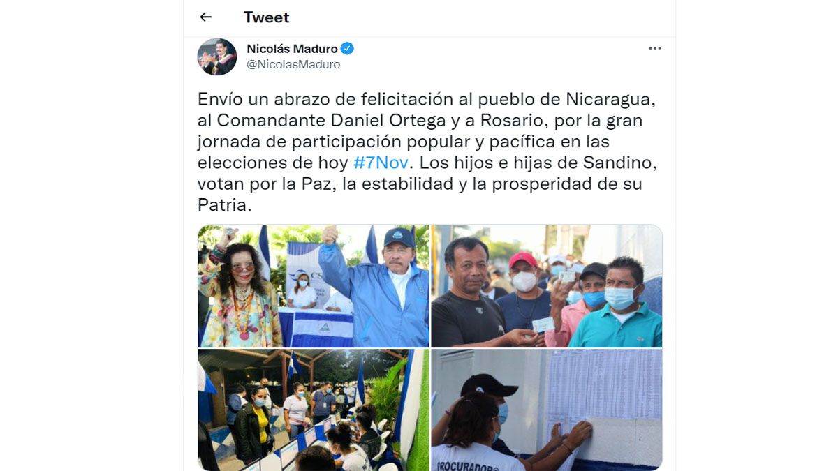 Nicolás Maduro felicitó a Daniel Ortega por ganar en lo que calificó como 