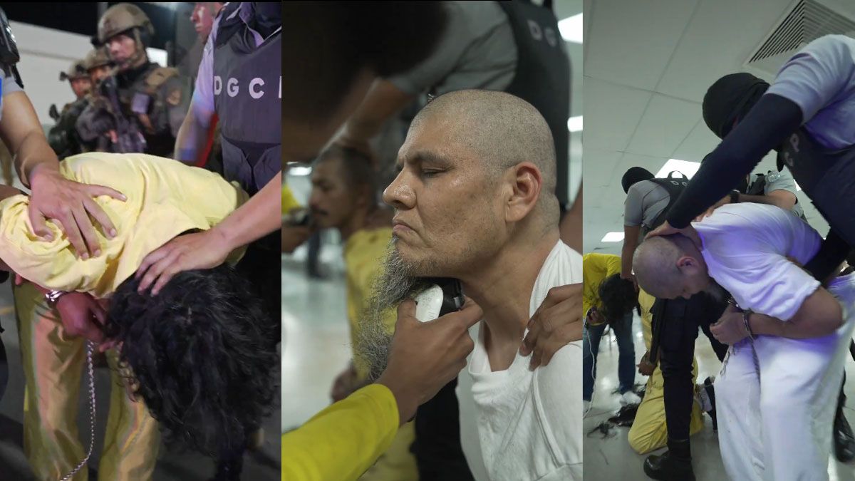El proceso de los deportados venezolanos a su arribo a la cárcel de Bukele. Encadenados y rapados. (Foto: Cuenta de X de Bukele)