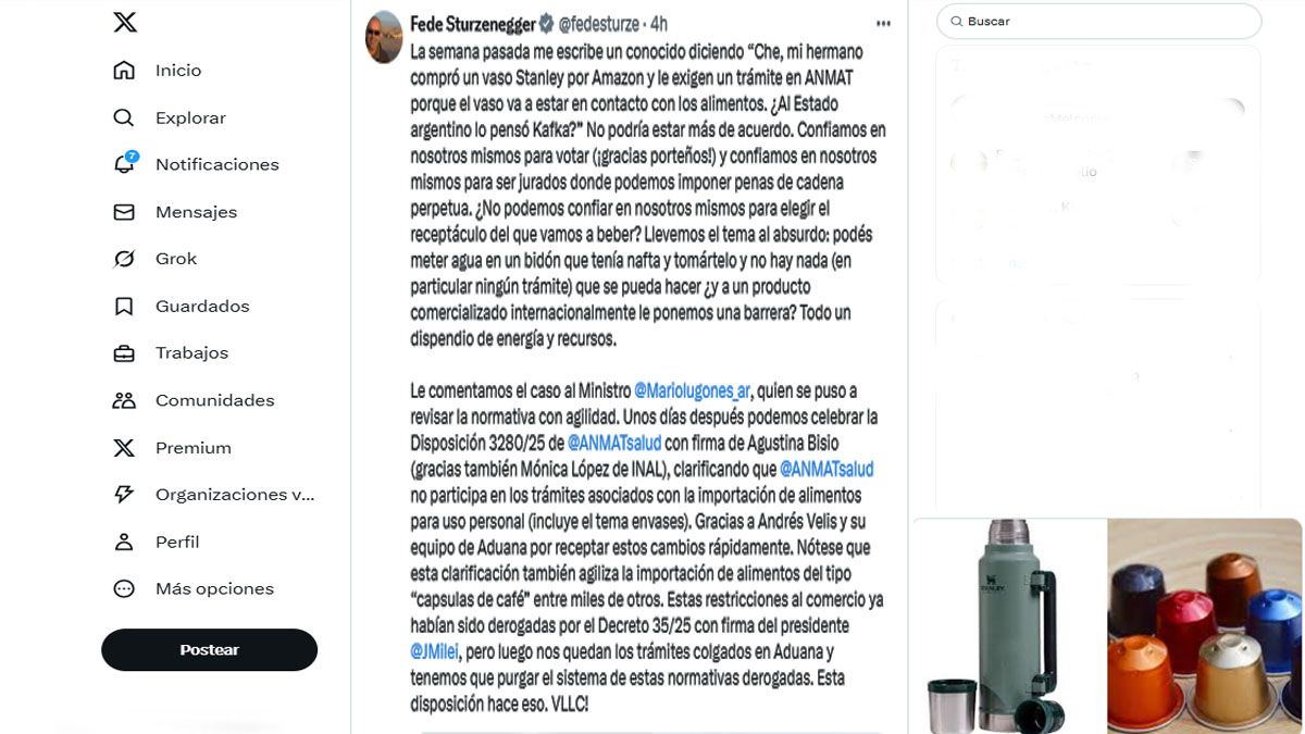 El ministro Sturzenegger en un posteo aclaró la salida de una norma que impedía importar vasos de una marca internacional. (Foto: Cuenta de X de Sturzenegger)