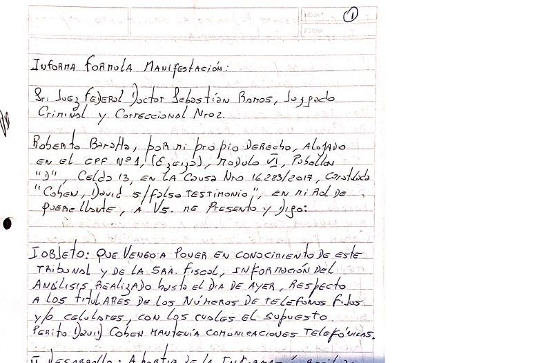 Desde la cárcel, Baratta denunció vínculos del perito Cohen con el espionaje y pidió la ampliación de su procesamiento