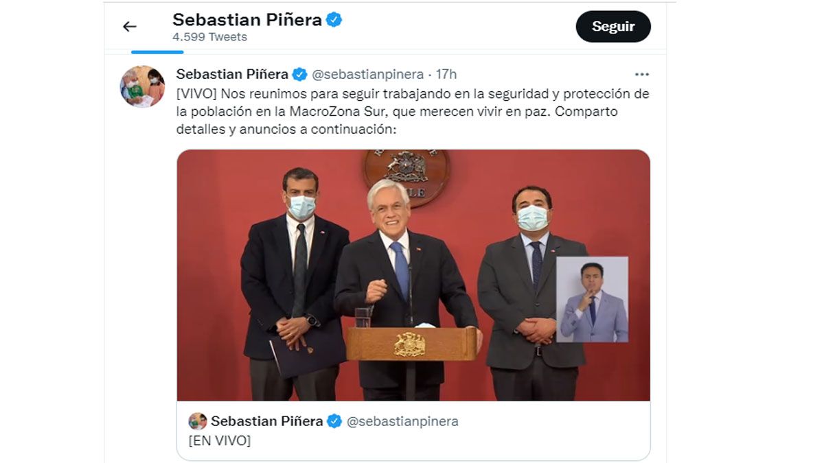 Sebastián Piñera anuncia el estado de excepción y emergencia para cuatro provincias del sur de Chile (Foto: Cuenta de Twitter de Sebastián Piñera)