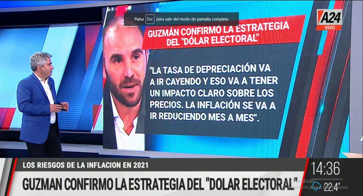 El ministro de Economía apuesta sus fichas a mantener el dólar debajo de la inflación hasta octubre (Foto: Captura de TV)