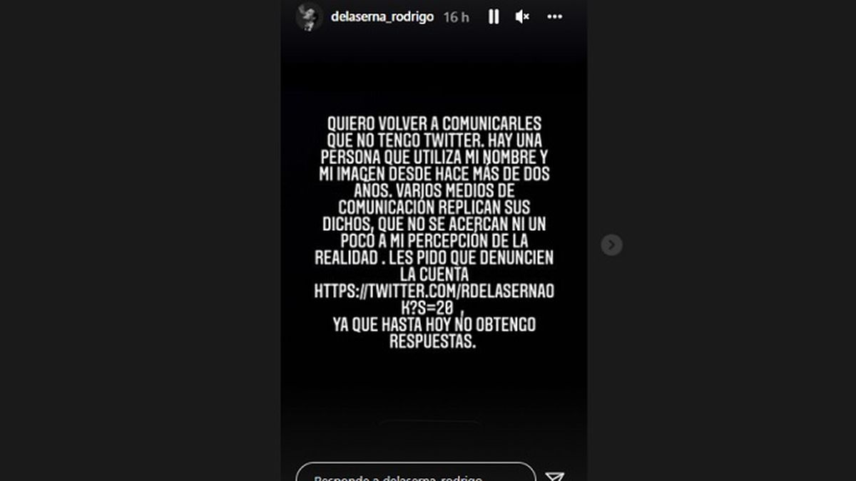 El descargo de Rodrigo de la Serna denunciando que alguien usa su nombre e imagen en Twitter. 