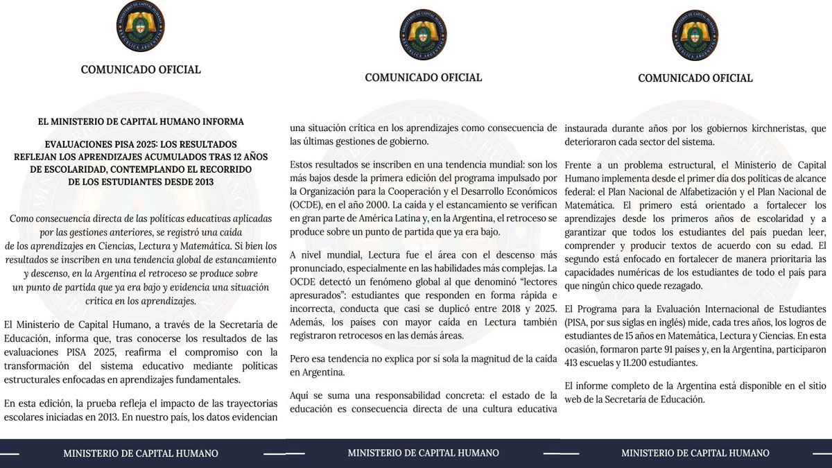 Comunicado del ministerio de Capital Humano. El deterioro que muestran las pruebas PISA obedece a los años de la gestión kirchnerista. (Foto: Comunicado de Capital Humano).