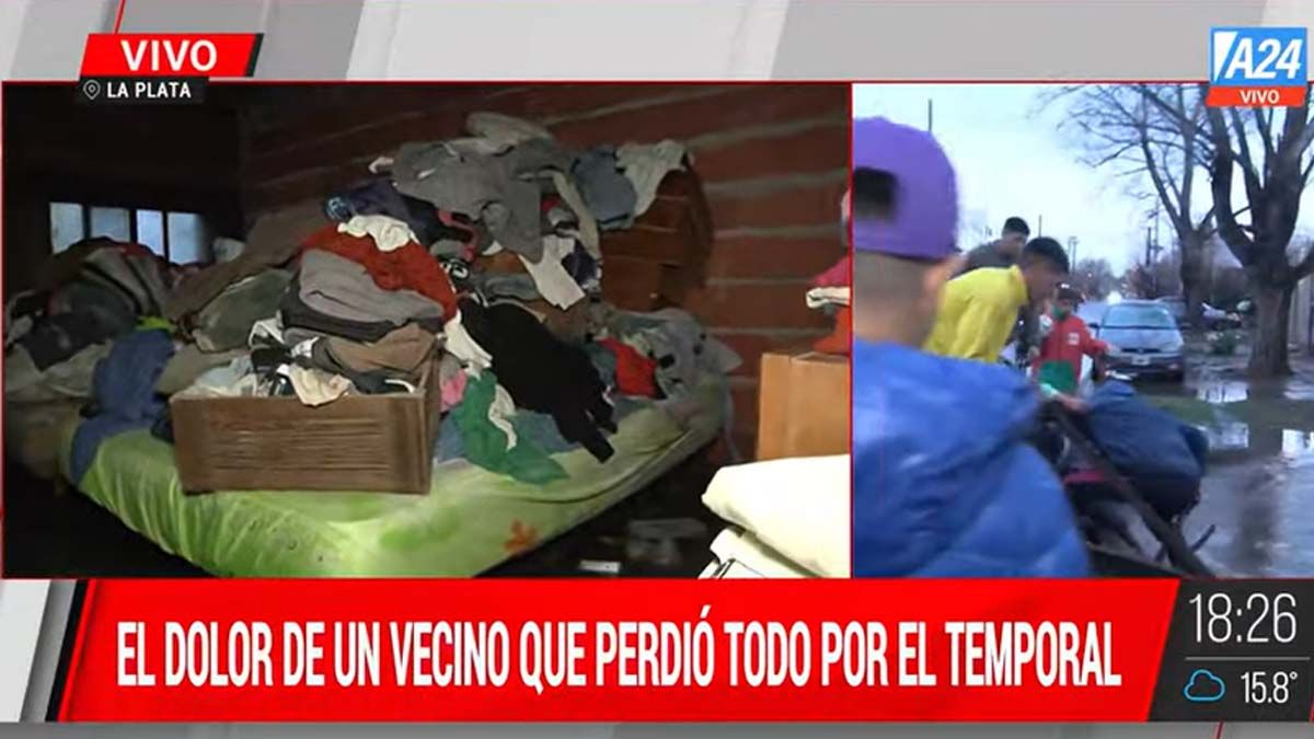 El dolor de un vecino que perdió todo por el temporal en La Plata. (Foto: A24)
