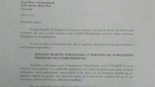 El papel que confirma la defensa de River: la Conmebol no tenía suspendido a Zuculini