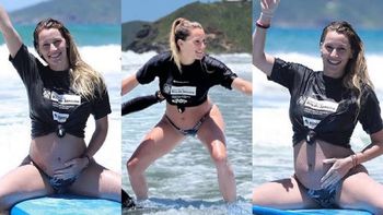 mica viciconte, embarazada de cuatro meses, se animo al surf en brasil
